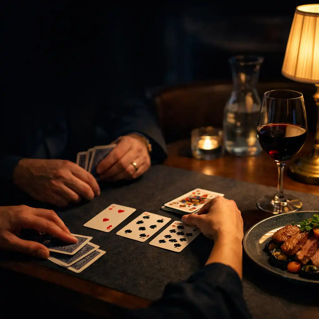 A plated dish, wine glass and hands arranging ordinary cards on a restaurant table after dark.