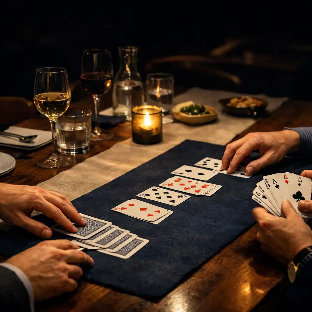 Communal restaurant table with shared plates, wine glasses and guests' hands arranging ordinary playing cards
