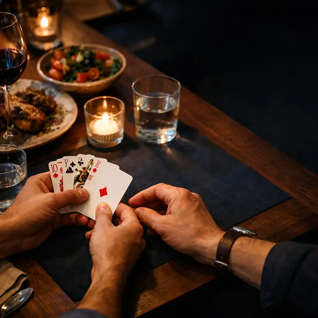Guests' hands arranging traditional playing cards beside shared dishes and glassware on a dark restaurant table.