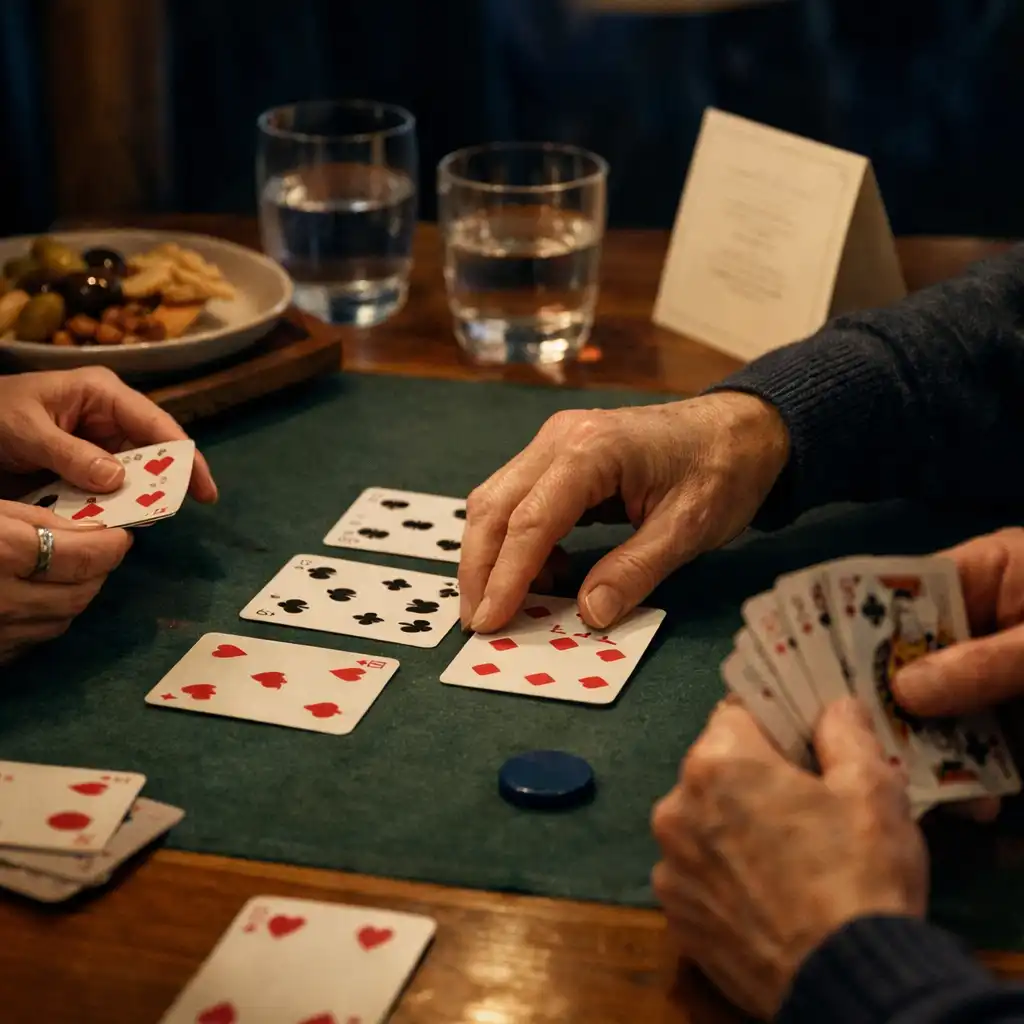 Adult hands arranging classic playing cards beside water glasses and a shared snack plate on a restaurant table.