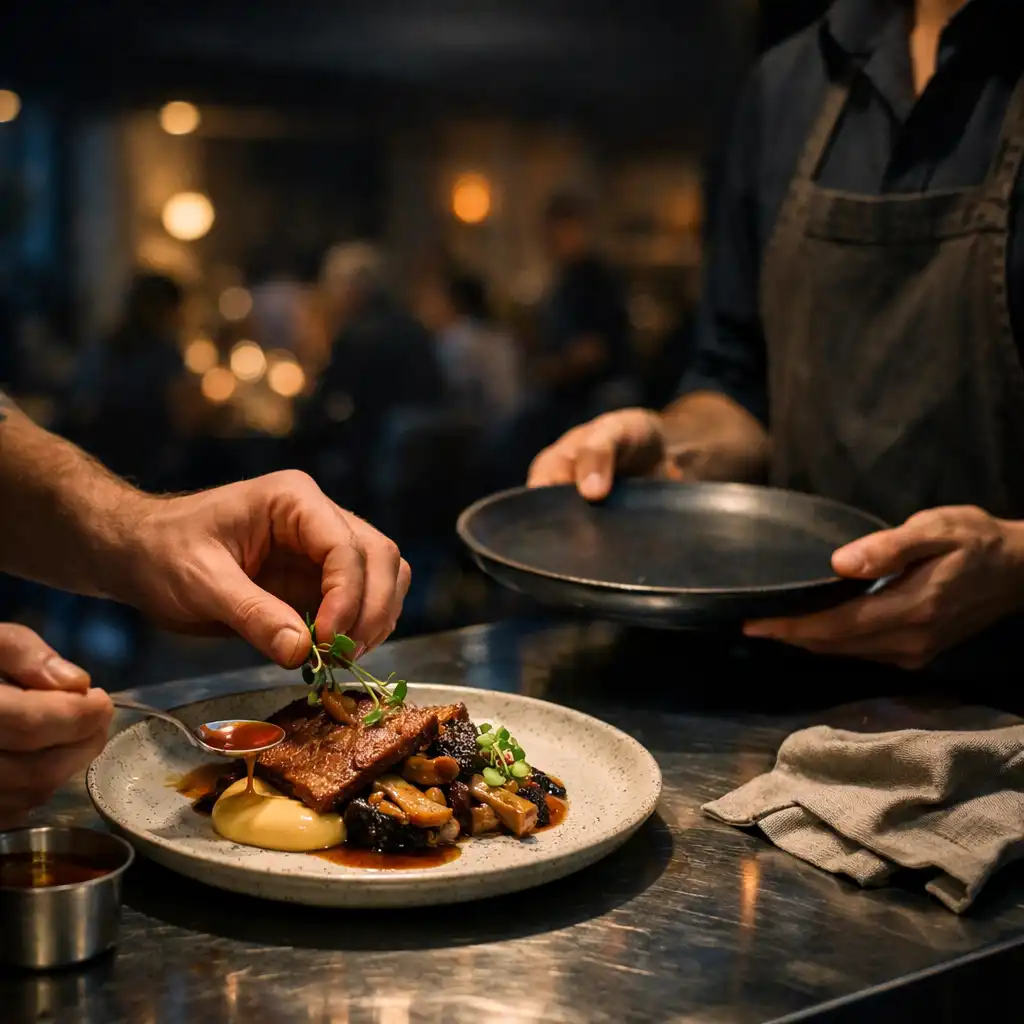 Cook finishing a plated dish at a softly lit restaurant chef's pass