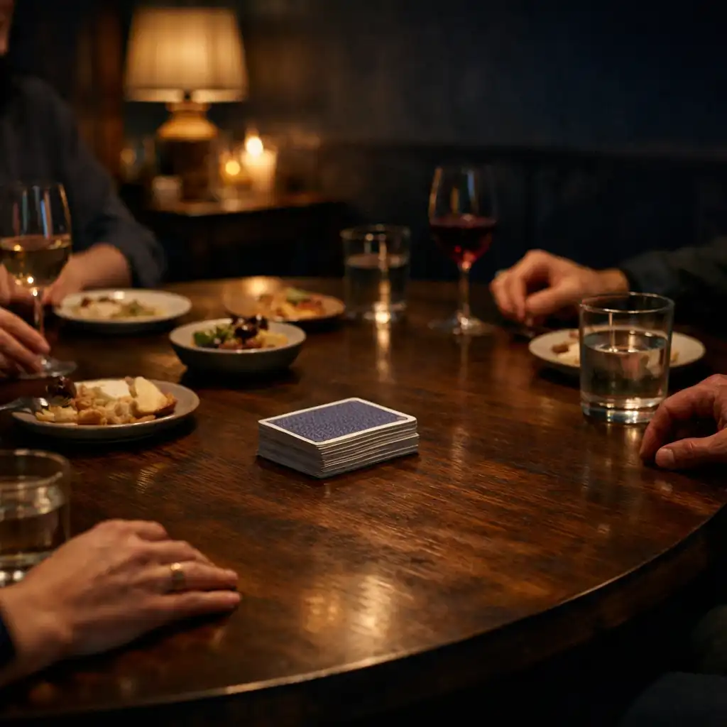 Hands of dinner guests gathered around an oval table with small plates, wine and a neatly arranged deck of cards