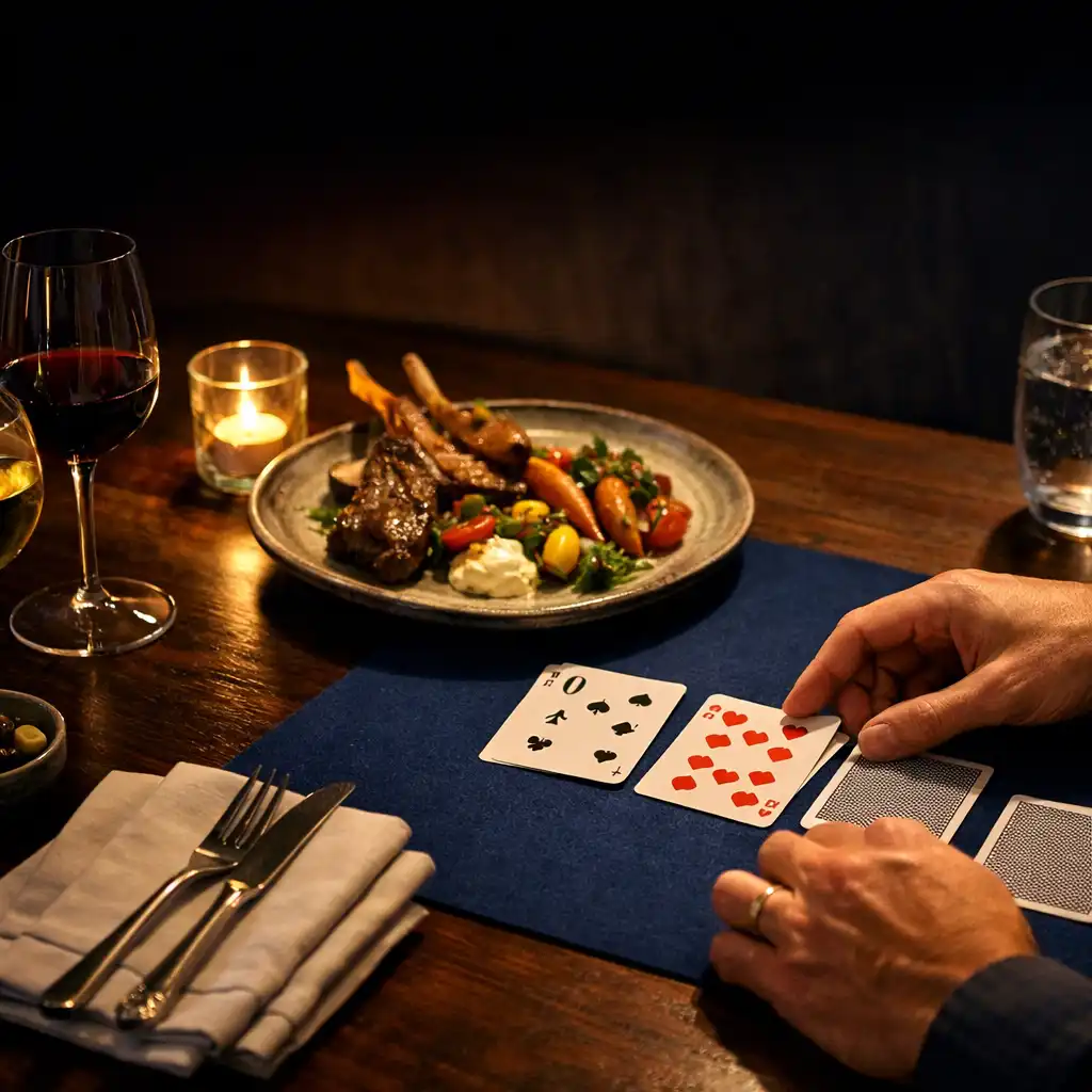 Shared plate, wine glasses and hands arranging plain cards on a warmly lit restaurant table