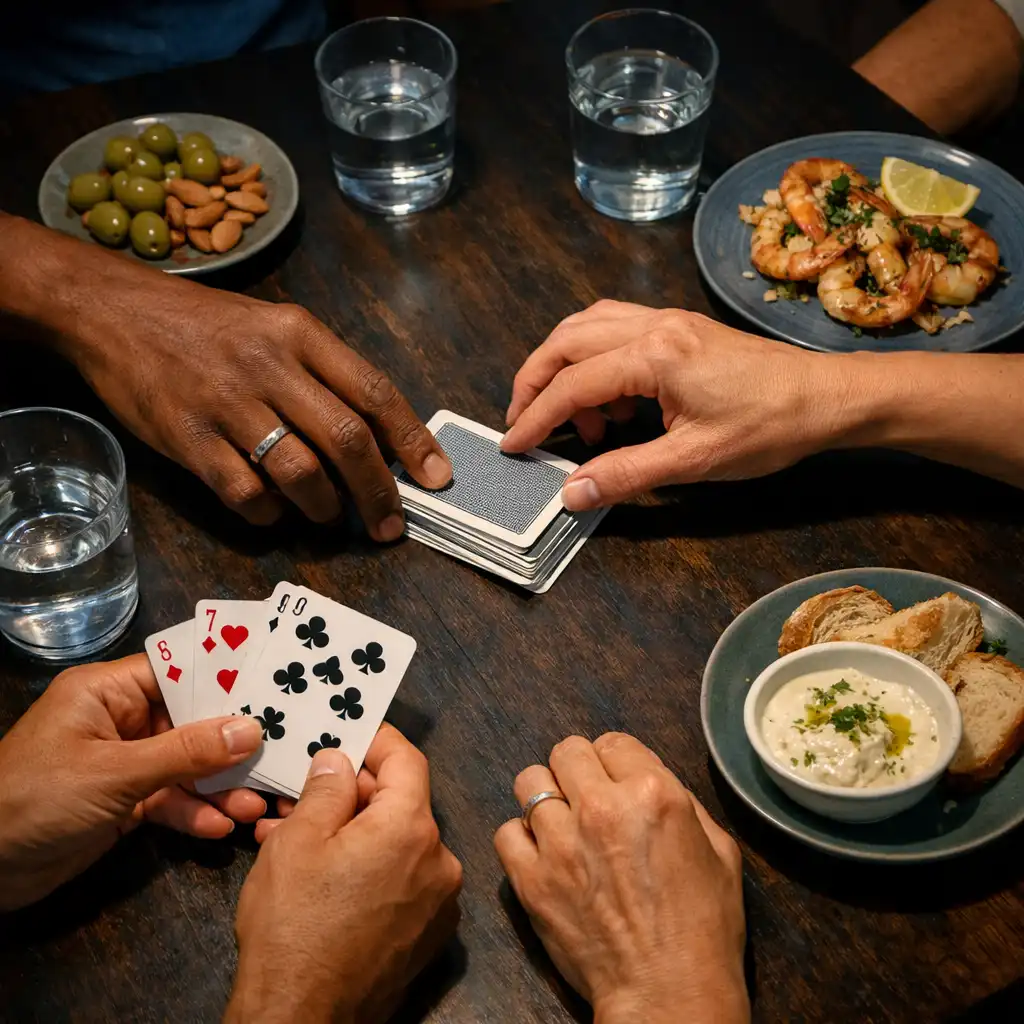 Guests' hands arranging familiar cards beside shared plates and water glasses.