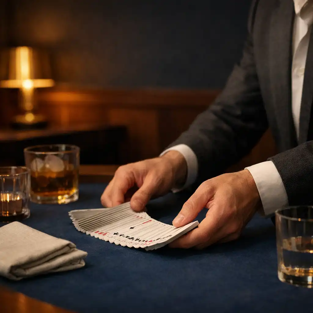 A host's hands arranging classic playing cards on a deep blue felt restaurant table.