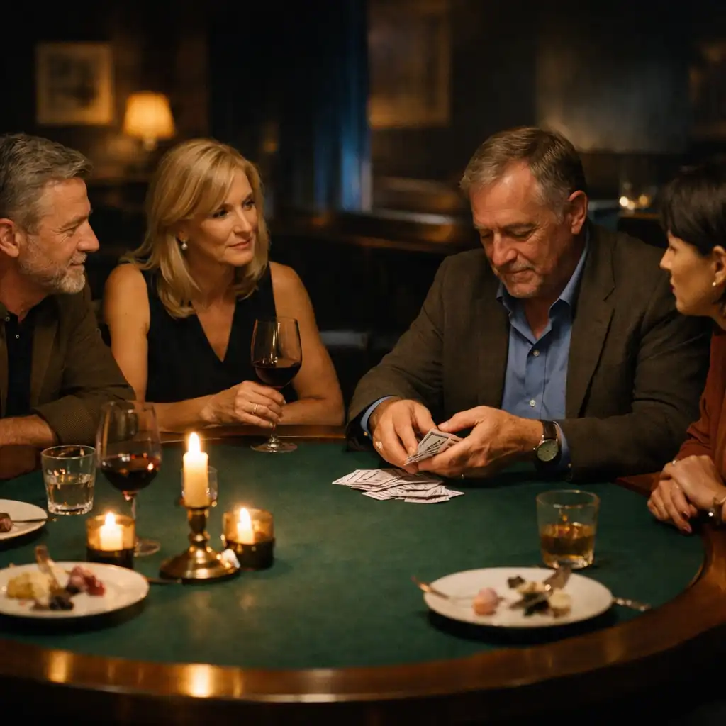 Four diners talking around an oval restaurant lounge table with dessert plates and glassware