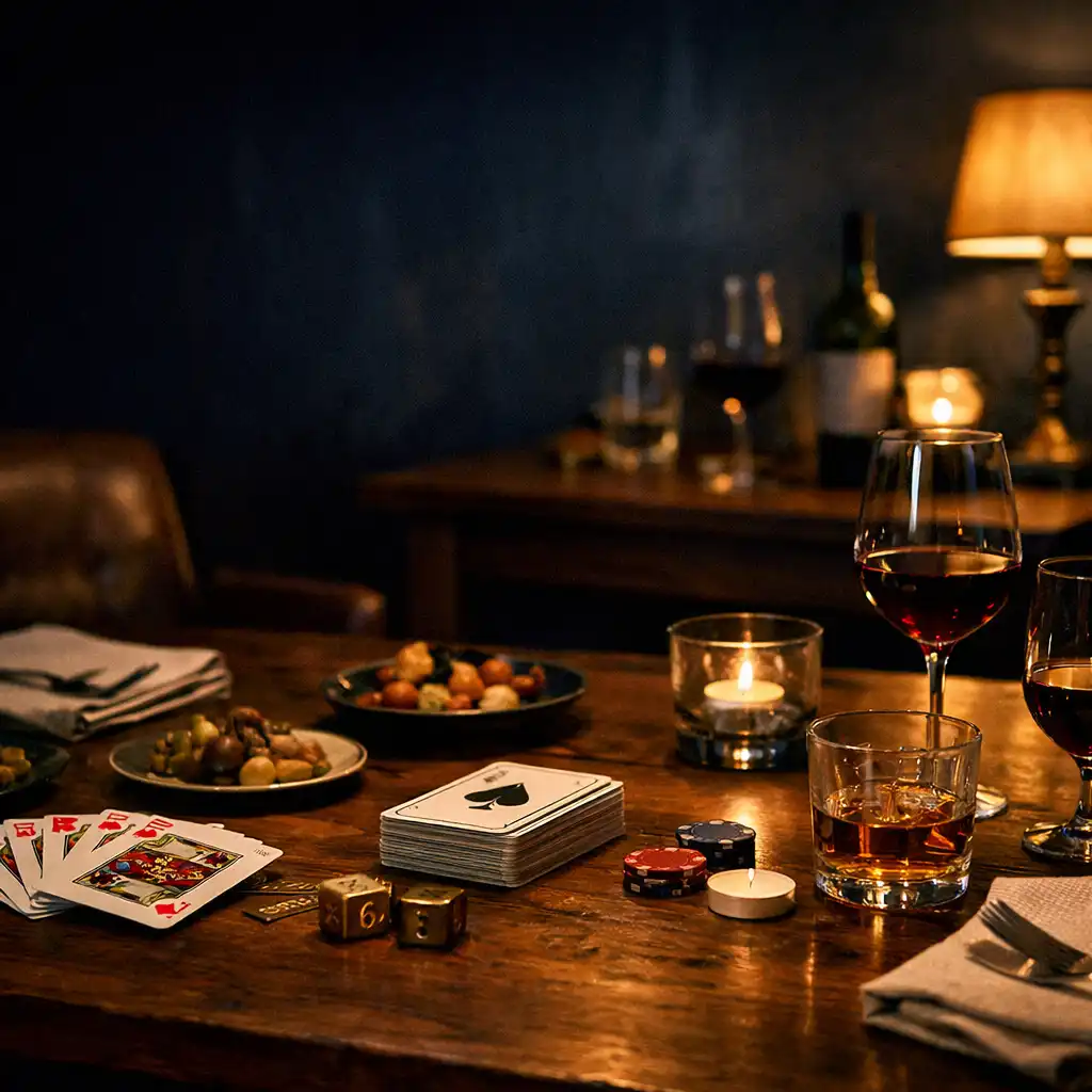 A warmly lit restaurant table prepared with wine glasses, small dishes and classic playing cards.
