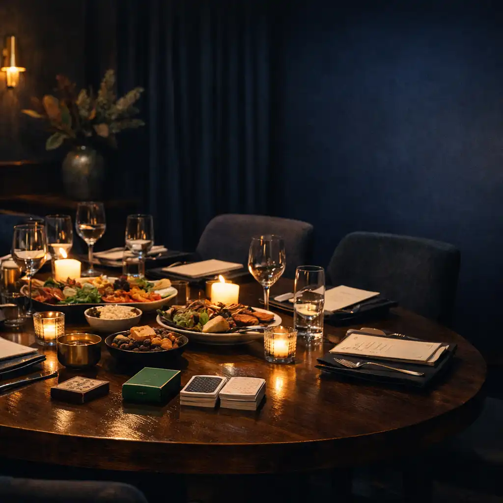 A private restaurant dining room prepared with an oval timber table, shared plates, cards and low candlelight.