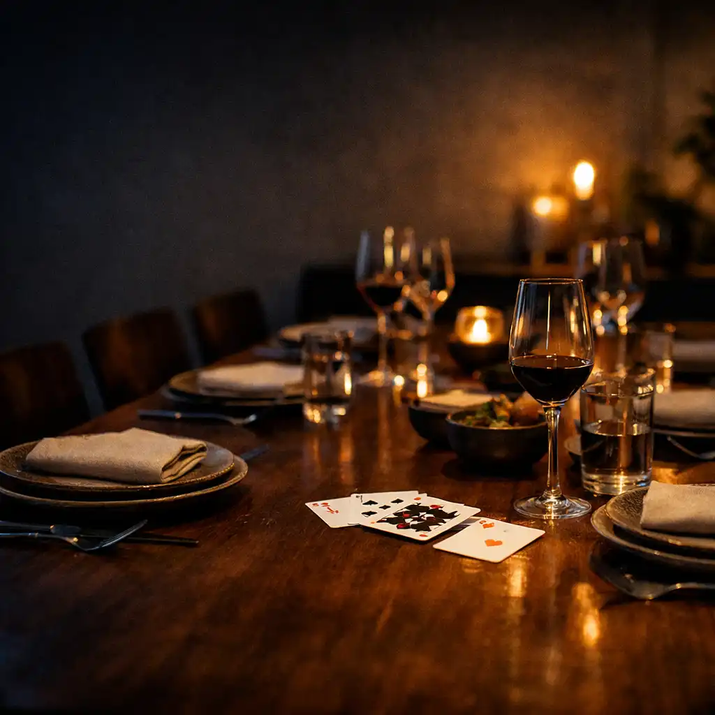 Long timber table prepared for an intimate private group dinner with plates, linen napkins and wine glasses