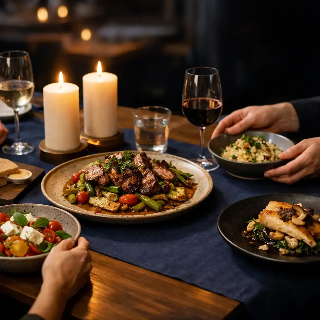 Shared plated courses and wine glasses arriving at a private group dining table