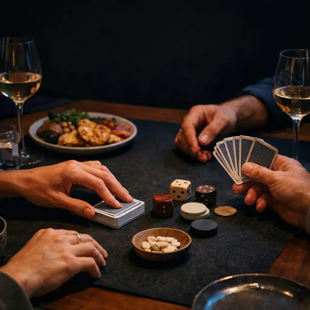 Guests' hands arranging classic cards beside shared dishes and stemware on a dark timber table