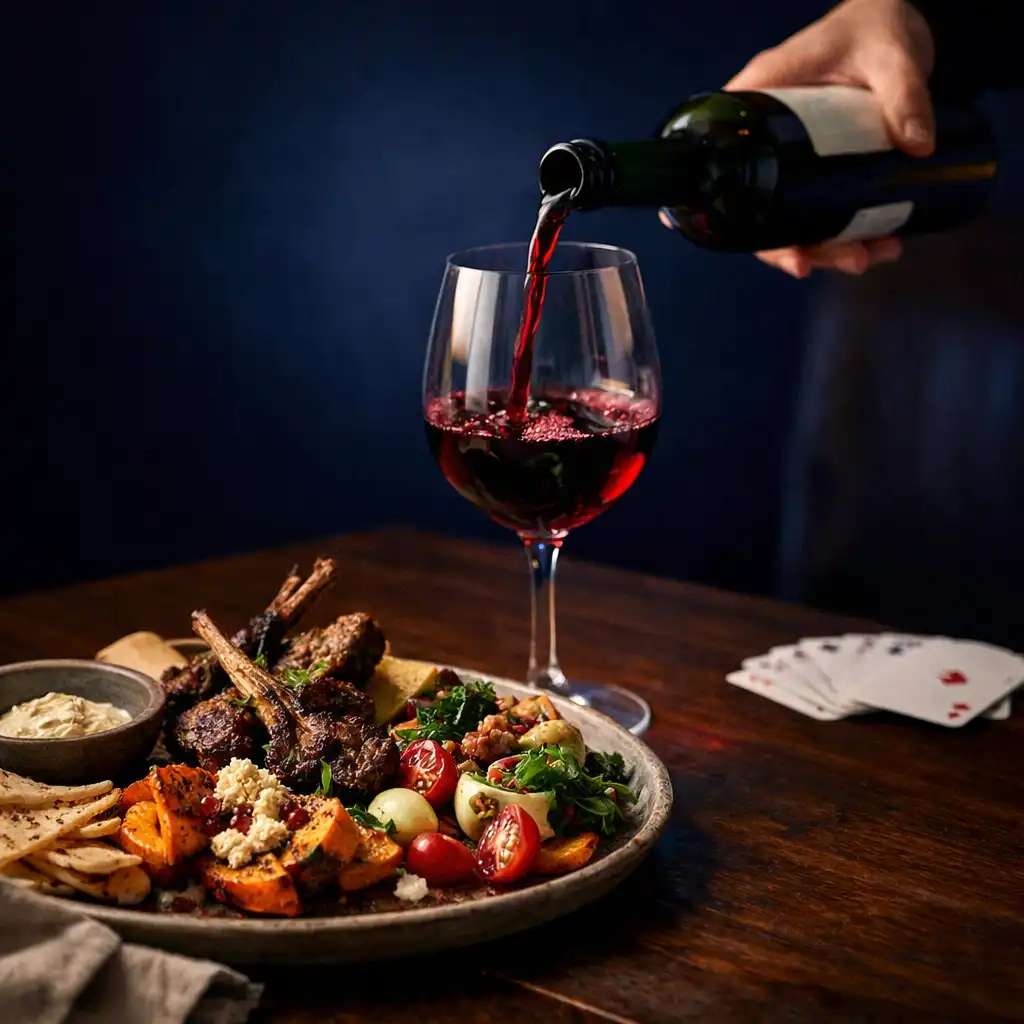 Shared seasonal plate and a pour of red wine on a dark timber restaurant table