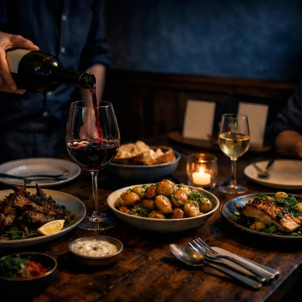 A server pouring wine beside shared dishes on a dark timber table in a low-lit dining nook.