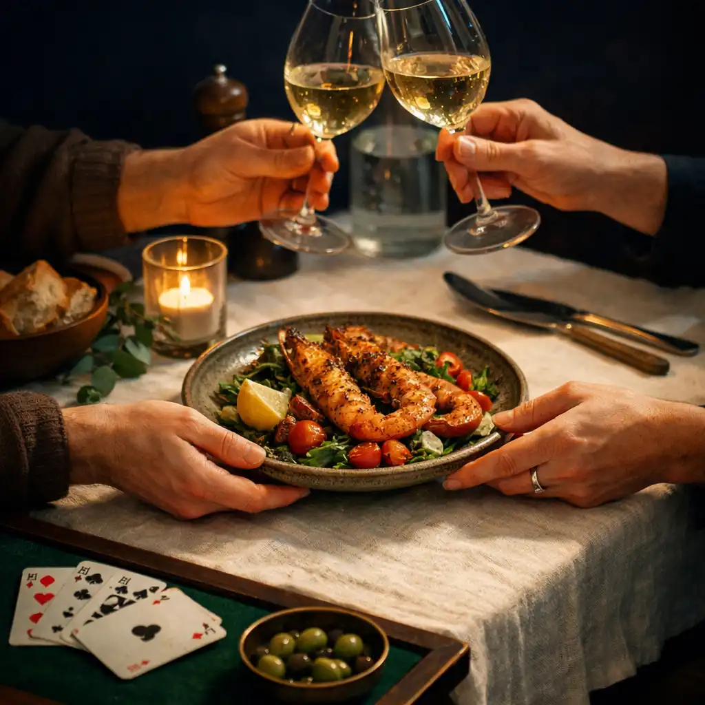 Guests' hands sharing a plate and lifting wine glasses at an intimate evening table.