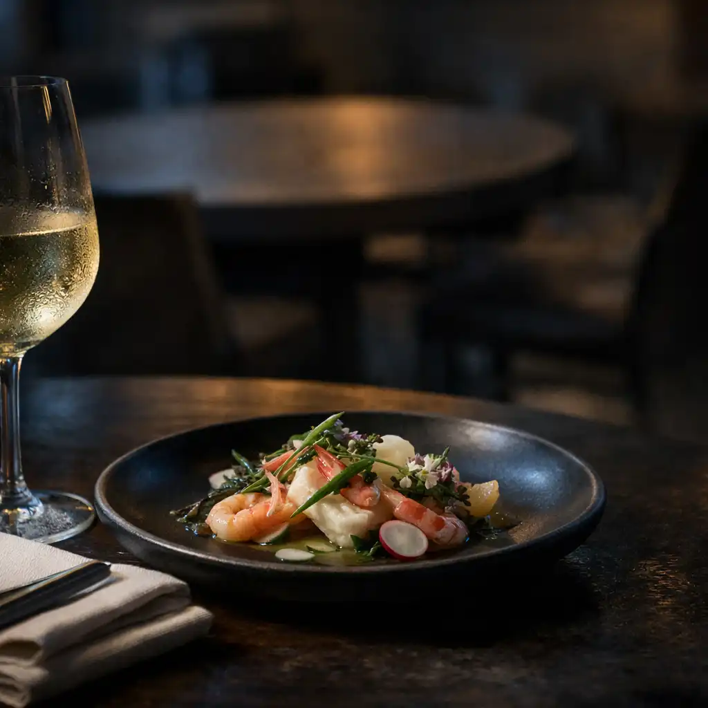 A pale wine beside a delicate seasonal plate in a softly lit dining room.