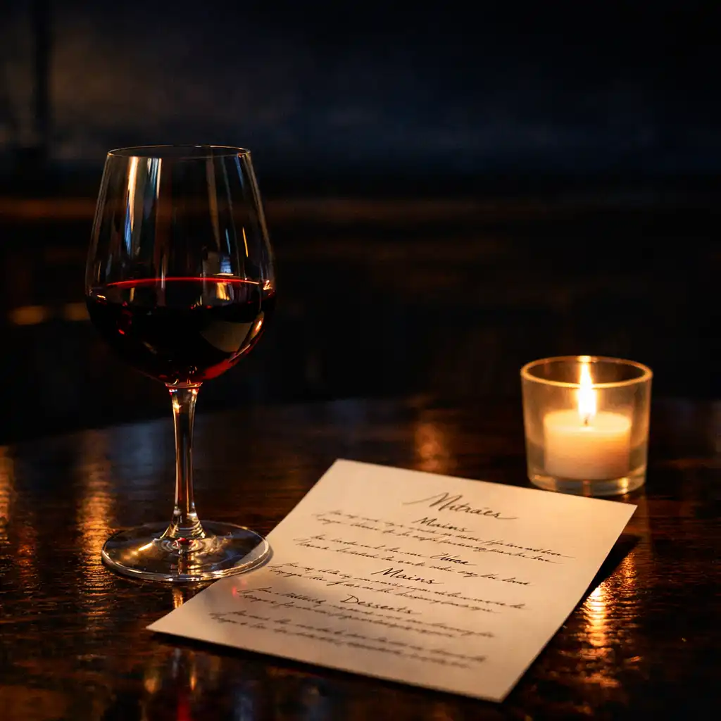 Wine glassware beside a menu and candle on a dark dining table.