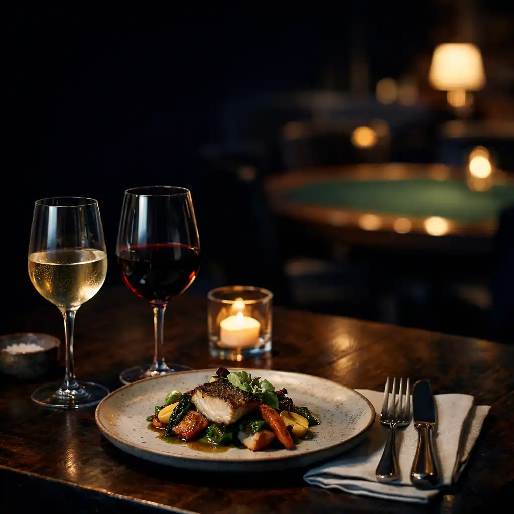 Red and white wine beside a plated dish on a dark restaurant table after evening service.